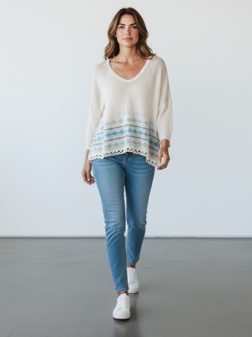 Yoon Size S Anthropologie V Neck Sweater cream teal 100% cotton K